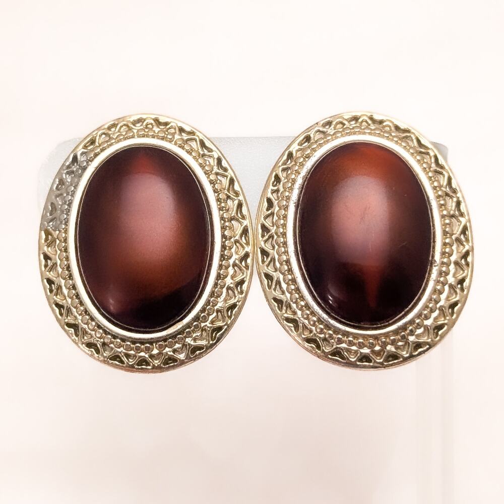 Vintage Clip On Earrings Very Large Gold Tone & Brown Oval Statement Glam